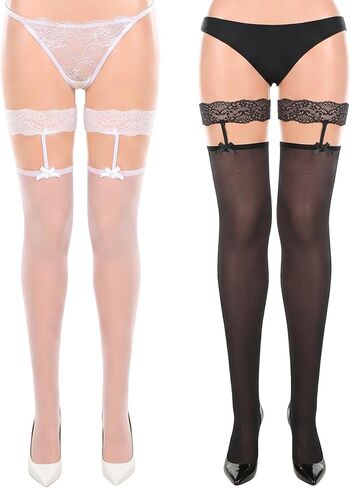 Black White Thigh High Stockings - Lace Top Thigh High Stockings Lingerie for Women,Sexy Bow Suspenders Pantyhose in Saudi Arabia