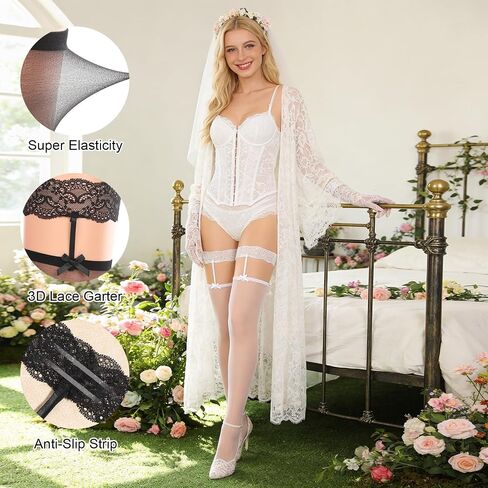 Black White Thigh High Stockings - Lace Top Thigh High Stockings Lingerie for Women,Sexy Bow Suspenders Pantyhose in Saudi Arabia