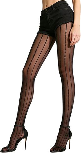 Black Striped Pattern Lace Tights Vintage Pinstripe Sheer Pantyhose Sexy Nylon High Waist Stretchy Stockings with Striped Pattern for Teens Women Cosplay Party Daily Wear in Kuwait