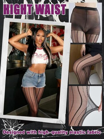 Black Striped Pattern Lace Tights Vintage Pinstripe Sheer Pantyhose Sexy Nylon High Waist Stretchy Stockings with Striped Pattern for Teens Women Cosplay Party Daily Wear in Kuwait