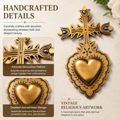 MVTDONT Golden Wall Cross-Saint Heart Miracle Decorative Wall Cross, Antique Gold Heart Design, Vintage Religious Home Deco in Saudi Arabia