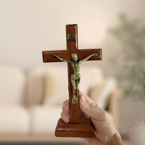 Bovemee San Benito Medalla Wooden Standing Cross Small Crucifix, 3 inch/7 inch, Jesus Christ Wall Cross for Table or Wall Decor, Home Decoration Catholic Gifts (Light Brown 3.0 X1.5 Inch) in Kuwait