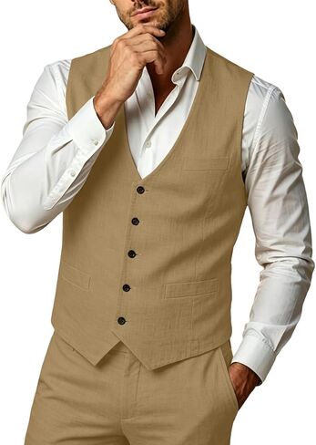 WOMS Mens Linen Suit 2 Piece Casual Summer Suits for Men Groomsmen Beach Wedding Party Vest Pants Suit in Kuwait