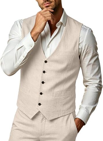 WOMS Mens Linen Suit 2 Piece Casual Summer Suits for Men Groomsmen Beach Wedding Party Vest Pants Suit in Saudi Arabia