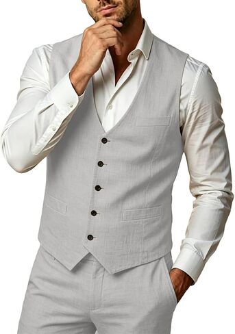 WOMS Mens Linen Suit 2 Piece Casual Summer Suits for Men Groomsmen Beach Wedding Party Vest Pants Suit in Saudi Arabia