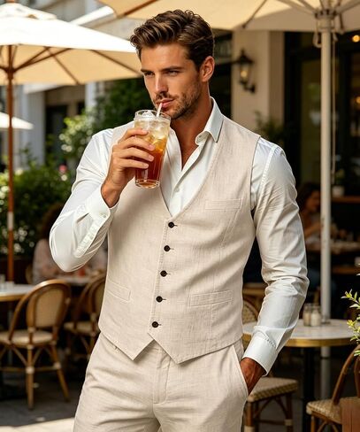 WOMS Mens Linen Suit 2 Piece Casual Summer Suits for Men Groomsmen Beach Wedding Party Vest Pants Suit in Saudi Arabia