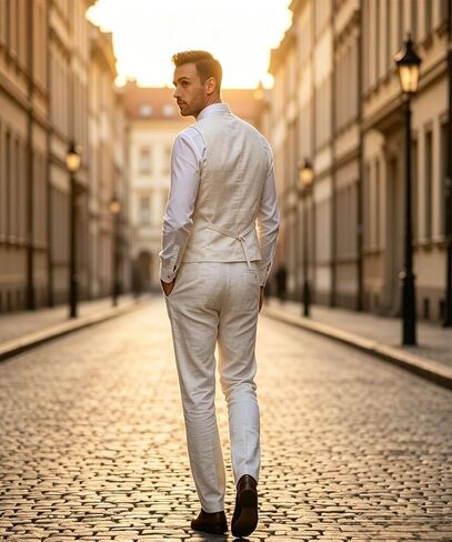WOMS Mens Linen Suit 2 Piece Casual Summer Suits for Men Groomsmen Beach Wedding Party Vest Pants Suit in Saudi Arabia