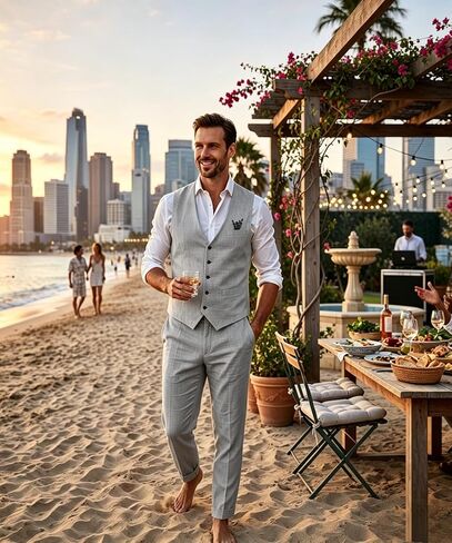 WOMS Mens Linen Suit 2 Piece Casual Summer Suits for Men Groomsmen Beach Wedding Party Vest Pants Suit in Saudi Arabia