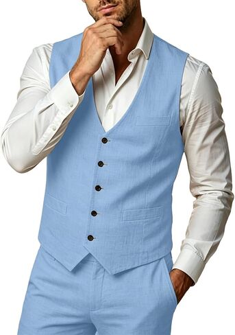 WOMS Mens Linen Suit 2 Piece Casual Summer Suits for Men Groomsmen Beach Wedding Party Vest Pants Suit in Saudi Arabia
