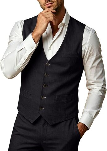 WOMS Mens Linen Suit 2 Piece Casual Summer Suits for Men Groomsmen Beach Wedding Party Vest Pants Suit in Saudi Arabia