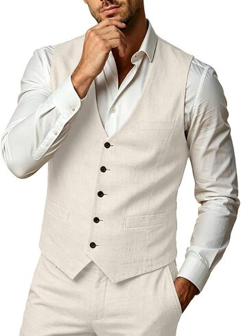 WOMS Mens Linen Suit 2 Piece Casual Summer Suits for Men Groomsmen Beach Wedding Party Vest Pants Suit in Saudi Arabia