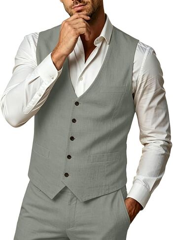 WOMS Mens Linen Suit 2 Piece Casual Summer Suits for Men Groomsmen Beach Wedding Party Vest Pants Suit in Saudi Arabia