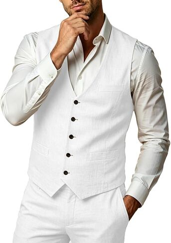 WOMS Mens Linen Suit 2 Piece Casual Summer Suits for Men Groomsmen Beach Wedding Party Vest Pants Suit in Saudi Arabia