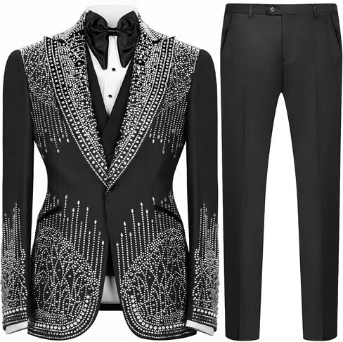 Luxury Rhinestone Suit Men One Button Party Slim Fit Tuxedo 2-Piece Beaded Crystal Suit for Men Jacket & Pant Black in Saudi Arabia
