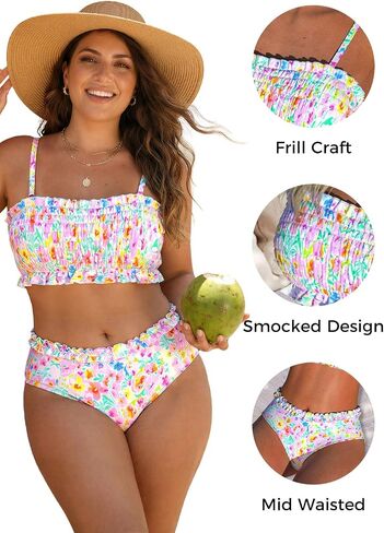 ROSEWE Cute Bikini Sets for Women, Frill Design Ditsy Floral Swimsuits, Smocked Bandeau Top with Mid Waisted Briefs in Saudi Arabia