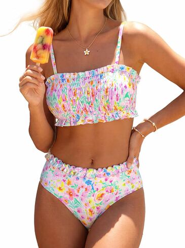 ROSEWE Cute Bikini Sets for Women, Frill Design Ditsy Floral Swimsuits, Smocked Bandeau Top with Mid Waisted Briefs in Saudi Arabia