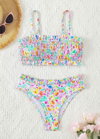 ROSEWE Cute Bikini Sets for Women, Frill Design Ditsy Floral Swimsuits, Smocked Bandeau Top with Mid Waisted Briefs in Saudi Arabia