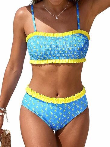 ROSEWE Cute Bikini Sets for Women, Frill Design Ditsy Floral Swimsuits, Smocked Bandeau Top with Mid Waisted Briefs in Saudi Arabia