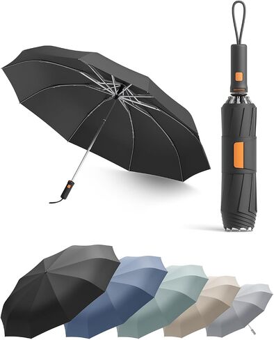 Windproof Travel Umbrella for Rain, Withstand 85MPH Winds, 52 Inch Reverse Folding Umbrella, Inverted Design Keeps Wet Surface Inside, Auto-Close, for Travel, Women, Men, Fits Backpack & Cars in Kuwait