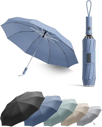Windproof Travel Umbrella for Rain, Withstand 85MPH Winds, 52 Inch Reverse Folding Umbrella, Inverted Design Keeps Wet Surface Inside, Auto-Close, for Travel, Women, Men, Fits Backpack & Cars in Kuwait