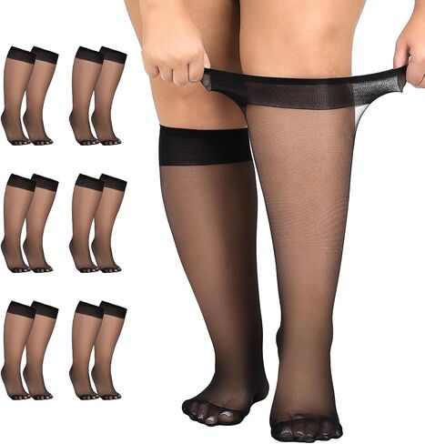 6 Pairs Plus Size Knee High Socks for Women 15 Denier Sheer Nylon Stockings Wide Calf One Size Black Nude in Kuwait