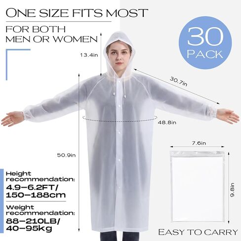 Unittype 30 Pack Rain Ponchos for Adults Reusable Raincoat with Drawstring Hood Waterproof Long Rain Jackets Cape Men Women Emergency Poncho for Travel Camping Hiking Outdoor in Kuwait