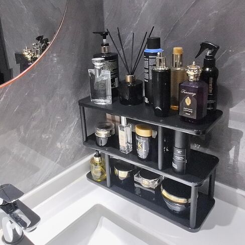 منظم كولونيا للرجال، حامل كب كيك خشبي للعطور من 3 طبقات، حامل عرض مقاوم للماء مقاس 16 بوصة للعطور، وخزانة الملابس، وحامل تخزين سطح الحمام، ورف أسود in Kuwait