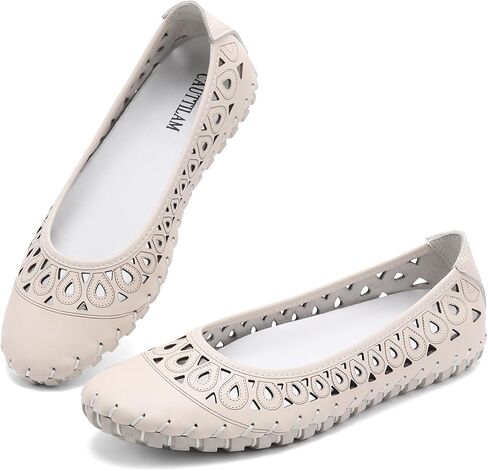 Genuine Leather Ballet Flats for Women Laser Cutout Perforated Loafers Driving Moccasins Comfort Round Toe Slip On Shoes Breathable Summer Walking Shoes Hand Stitched Casual Work Pumps in Saudi Arabia