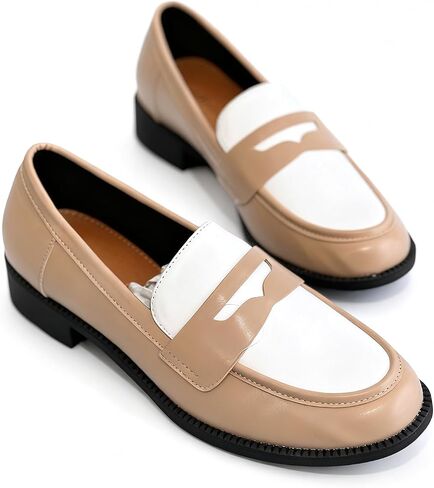 Women's Leather Block Heel Classic Loafers Retro Round Toe Color-Blocked Chunky Heel Non-Slip Slip-On Dress Shoes for Casual, Office,Shopping in Saudi Arabia