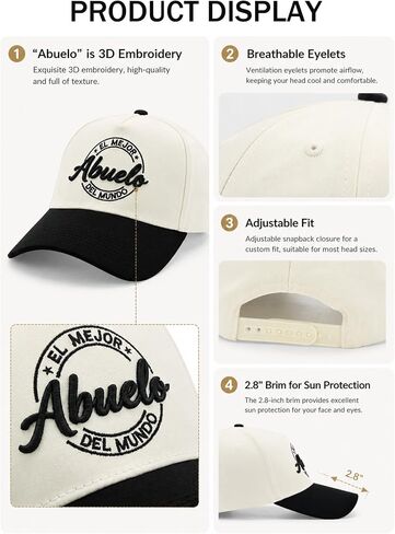 El Mejor Abuelo Hat for Men, 3D Embroidered Spanish World's Best Grandpa Baseball Cap, Regalos para Fathers Day Birthday Gift from Grandkids in Saudi Arabia