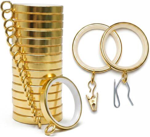 Curtain Rings with Clips, 18 Pack Luxury Solid Metal Drapery Rings – 2" Diameter (1-5/8" Inner), Silent Glide Teflon-Lined Curtain Rod Rings with Heavy Duty Grip Clips (Brushed Gold, 1-5/8 in) in Saudi Arabia