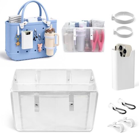 7Pcs Accessories for Bogg Bag, Includes Mesh Partition Bag with Zipper &7 Compartments,Cup Holder,Phone Holder, Hooks&Carabiners,Compatible with X-Large Beach Bag,Perfect for Beach,Summer,Travel in Saudi Arabia