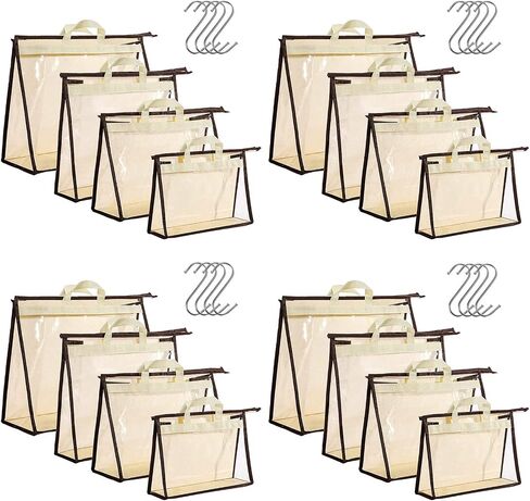 16 Pack Clear Handbag Storage Organizer with 16 Stainless Steel S-Hooks, 4 Assorted Sizes, Anti-Dust Moisture-Proof Purse Storage Bags with Zipper and Handle for Closet Hanging, Wallet Dust Cover Set in Kuwait