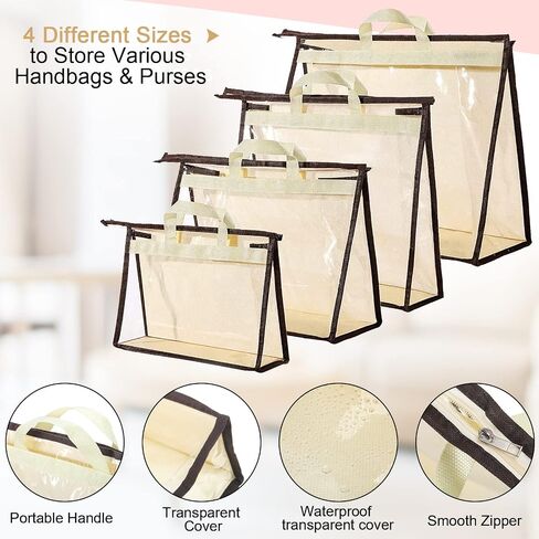 16 Pack Clear Handbag Storage Organizer with 16 Stainless Steel S-Hooks, 4 Assorted Sizes, Anti-Dust Moisture-Proof Purse Storage Bags with Zipper and Handle for Closet Hanging, Wallet Dust Cover Set in Kuwait