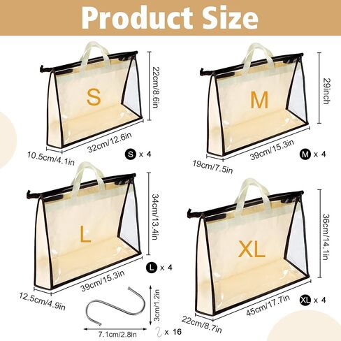 16 Pack Clear Handbag Storage Organizer with 16 Stainless Steel S-Hooks, 4 Assorted Sizes, Anti-Dust Moisture-Proof Purse Storage Bags with Zipper and Handle for Closet Hanging, Wallet Dust Cover Set in Kuwait