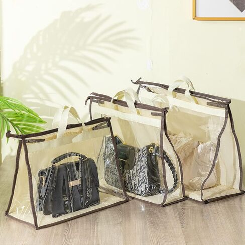 16 Pack Clear Handbag Storage Organizer with 16 Stainless Steel S-Hooks, 4 Assorted Sizes, Anti-Dust Moisture-Proof Purse Storage Bags with Zipper and Handle for Closet Hanging, Wallet Dust Cover Set in Kuwait