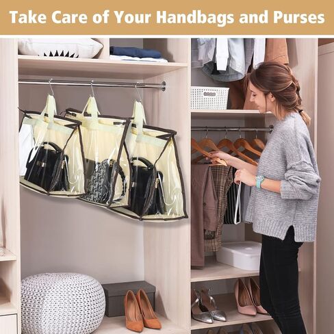 16 Pack Clear Handbag Storage Organizer with 16 Stainless Steel S-Hooks, 4 Assorted Sizes, Anti-Dust Moisture-Proof Purse Storage Bags with Zipper and Handle for Closet Hanging, Wallet Dust Cover Set in Kuwait