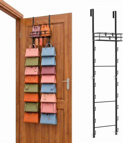 Over the Door Purse Organizer for Closet, Wall Mounted Handbag Organizer with 16 Hooks, Metal Basket, 3 Extra Hooks, Purse Storage Rack Holds Up to 16 Bags, Black in Saudi Arabia