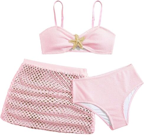 Verdusa Girl's 3 Piece Bikini Sets Metal Starfish Swimsuits Cute Bathing Suit with Beach Cover Up Skirt in Kuwait