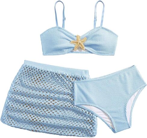 Verdusa Girl's 3 Piece Bikini Sets Metal Starfish Swimsuits Cute Bathing Suit with Beach Cover Up Skirt in Kuwait