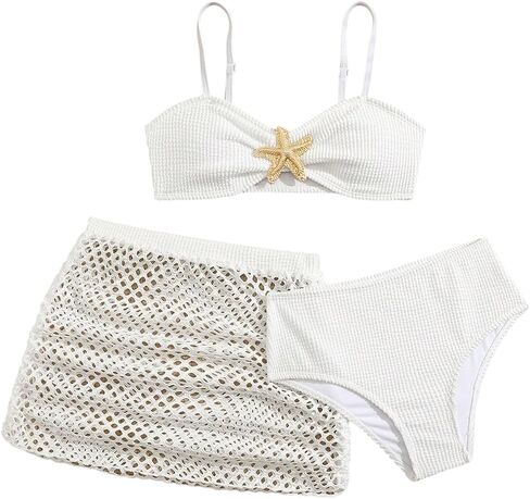 Verdusa Girl's 3 Piece Bikini Sets Metal Starfish Swimsuits Cute Bathing Suit with Beach Cover Up Skirt in Kuwait