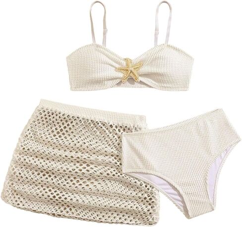 Verdusa Girl's 3 Piece Bikini Sets Metal Starfish Swimsuits Cute Bathing Suit with Beach Cover Up Skirt in Kuwait