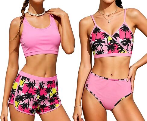 4Pcs Girls Bathing Suit Floral Bikini Sets High Waist Sporty Swimsuit in Kuwait