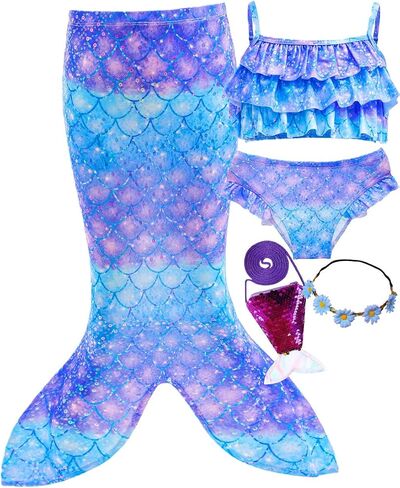 Girls Sparkle Swimsuit 5 Pcs Sets Kids Ruffle Swimwear Bikini with Cover up Skirt 3-10Years in Saudi Arabia