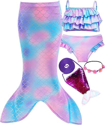 Girls Sparkle Swimsuit 5 Pcs Sets Kids Ruffle Swimwear Bikini with Cover up Skirt 3-10Years in Saudi Arabia