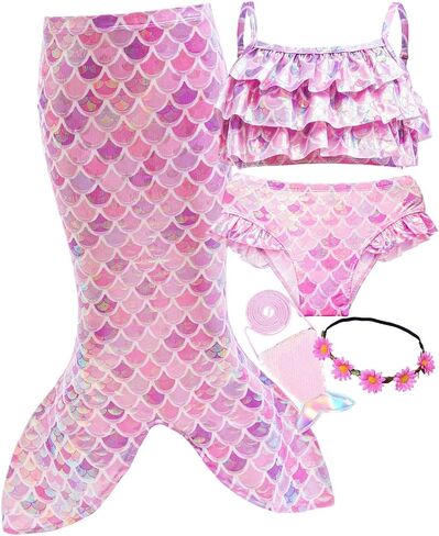 Girls Sparkle Swimsuit 5 Pcs Sets Kids Ruffle Swimwear Bikini with Cover up Skirt 3-10Years in Saudi Arabia