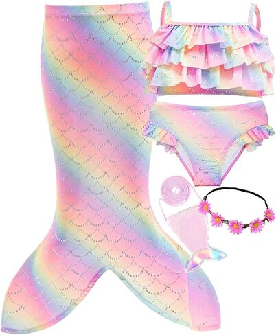 Girls Sparkle Swimsuit 5 Pcs Sets Kids Ruffle Swimwear Bikini with Cover up Skirt 3-10Years in Saudi Arabia