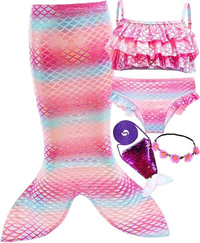 Girls Sparkle Swimsuit 5 Pcs Sets Kids Ruffle Swimwear Bikini with Cover up Skirt 3-10Years in Saudi Arabia