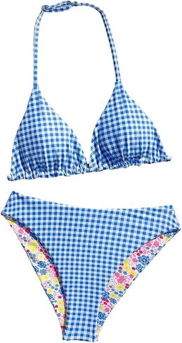SOLY HUX Girl's Floral Plaid Bikini Set Halter Triangle Gingham Bathing Suit Summer Beach Two Piece Swimsuit in Kuwait