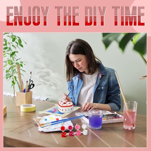 TEENYYOU 14 PCS قم برسم صناديق المجوهرات السيراميك الخاصة بك تشمل 6 منظم تخزين مجوهرات غير مصممة 2 شرائط من الدهانات مع 2 فرش 1 لوحة 3 ملصقات الماس (مربع غير مكتمل) in Kuwait
